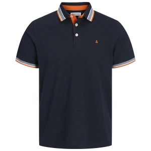 Duża męska polówka koszulka z kołnierzykiem Jack & Jones 12143859 czarna z biało-pomarańczowymi wstawkami
