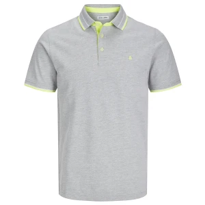 Duża męska polówka koszulka z kołnierzykiem Jack & Jones 12143859 jasnoszara z neonowymi wstawkami