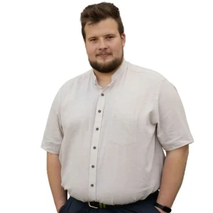 Duża męska lniana gładka koszula krótki rękaw na stójce Redmond 251135998-200 beżowa