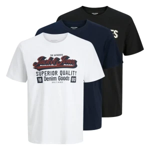 Duże męskie t-shirty z nadrukiem koszulki z krótkim rękawem 3 sztuki Jack & Jones 12287820 biała/czarna/granatowa