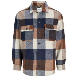 Duża męska flanelowa koszula z długim rękawem w  kratę Jack & Jones 12263999 granatowo-brązowa