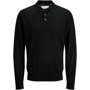 Duża męska polówka z długim rękawem z wełny MERINO od Jack & Jones 12288201 czarna