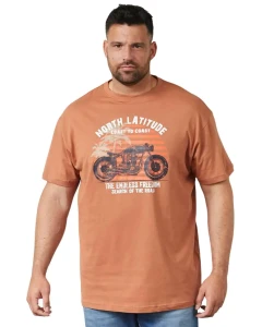 Duży męski t-shirt z nadrukiem motocyklu 61118-0325 North Latitude brązowy