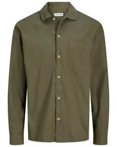 Duża koszula męska z długim rękawem gładka z lnem Jack & Jones 12289111 khaki