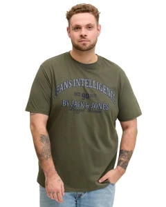 Duża męska koszulka krótki rękaw t-shirt z napisami Jack & Jones 12294518 khaki