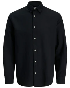 Duża męska gładka koszula z lnem długi rękaw Jack & Jones 12288651 czarna