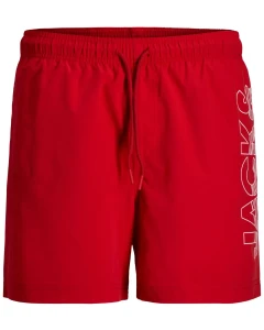 Duże męskie spodenki kąpielowe gładkie z napisem Jack & Jones 12297961 czerwone