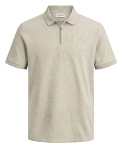 Duża męska koszulka z kołnierzykiem polówka gładka na zamek Jack & Jones 12284618  beżowa