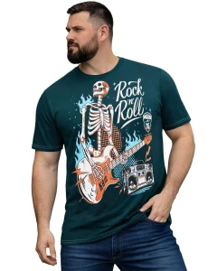 Duży męski t-shirt z efektownym nadrukiem koszulka Rock n Roll Kam 5791 morska