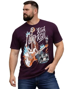 Duży męski t-shirt z efektownym nadrukiem koszulka Rock n Roll Kam 5791 bordowa