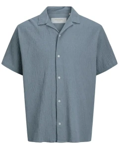Duża męska muślinowa koszula z krótkim rękawem Jack & Jones 12298028 szaroniebieska
