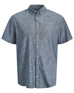 Duża męska koszula gładka z lnem krótki rękaw Jack & Jones 12302364 ciemnoniebieska
