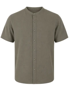 Duża męska koszula z lnem krótki rękaw stójka Double GS-5194 khaki