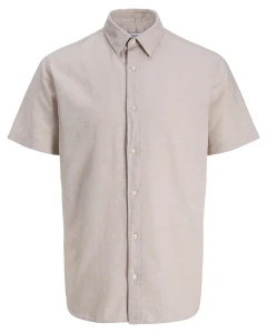 Duża koszula męska  z lnem krótki rękaw Jack & Jones 12294285 beżowa