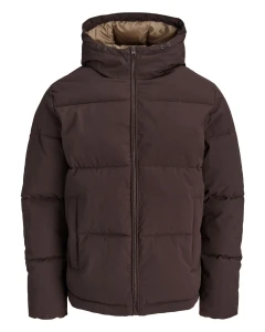Duża męska kurtka jesienno-zimowa pikowana z kapturem Jack & Jones 12303958 ciemnobrązowa
