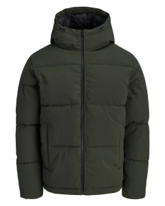 Duża męska kurtka jesienno-zimowa pikowana z kapturem Jack & Jones 12303958 ciemnozielona