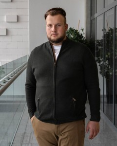 Duży męski rozpinany sweter ze stójką Double Urban Outfitters KNIT-8024 ciemnozielony